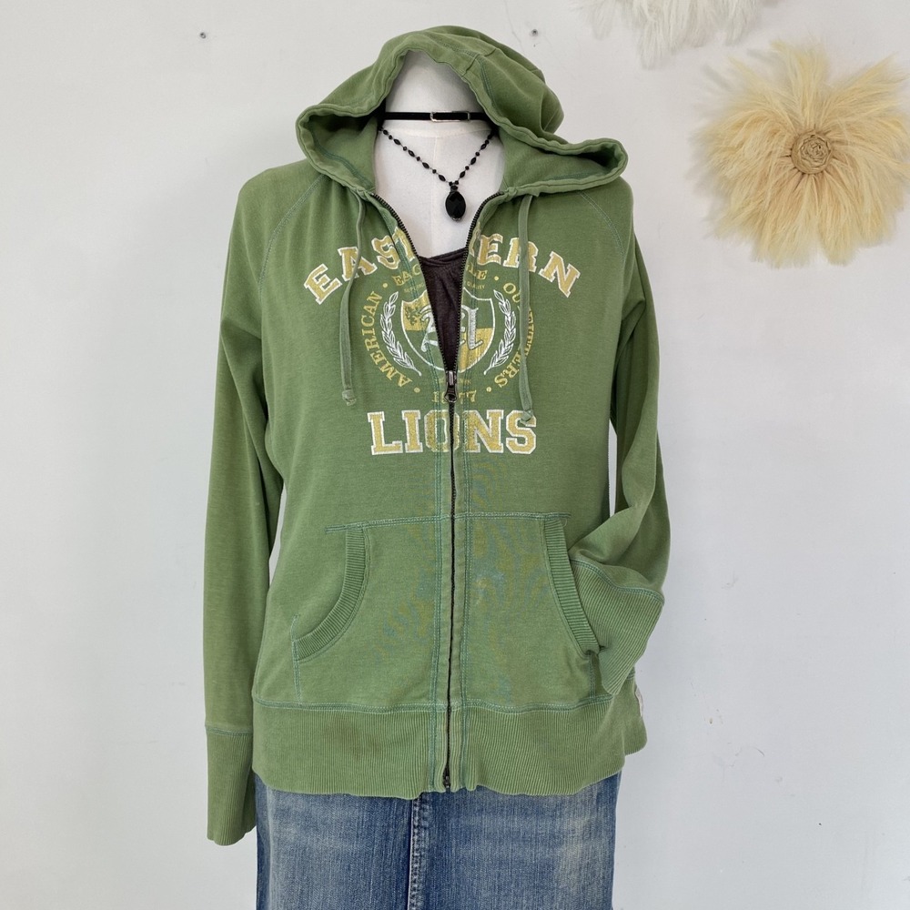 American Eagle Women Y2K Zip Up Hoodie Size L Streetwear Grunge Green Sweatshirt